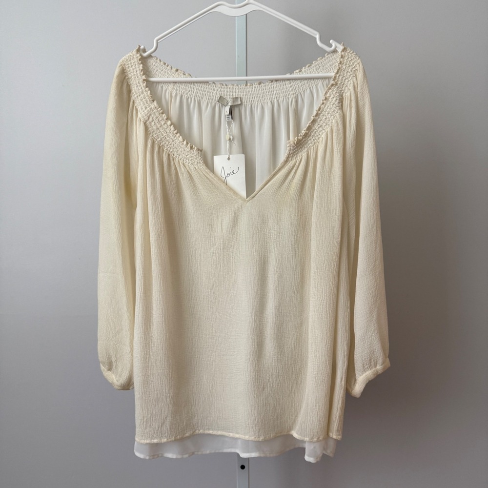 Joie Silk Boho Flowy Beachy Relaxed Peasant Smocked V-Neck Blouse L Ivory